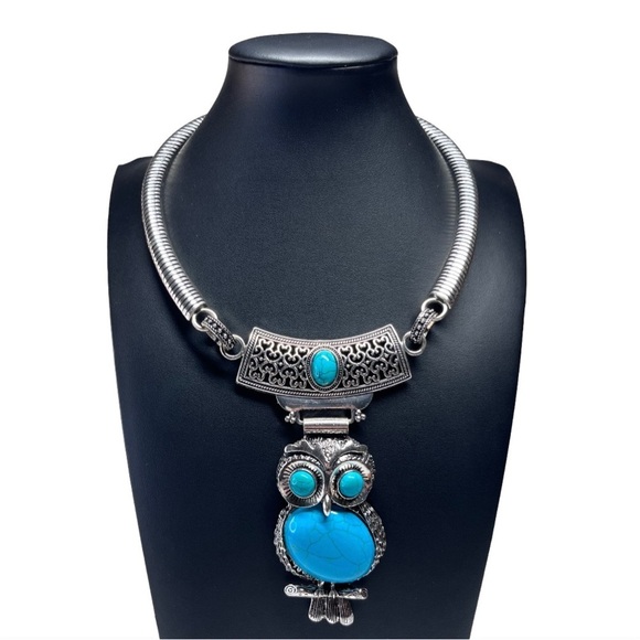 Wise Owl Statement Figural Pendant Choker Necklace Turquoise Silver 15-17.5" - Picture 1 of 14